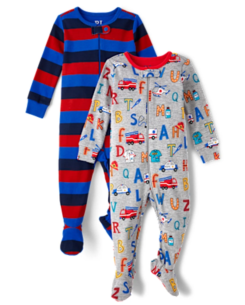 Baby And Toddler Boys Striped Alphabet Snug Fit Cotton Footed One Piece Pajamas 2-Pack