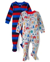 Baby And Toddler Boys Striped Alphabet Snug Fit Cotton Footed One Piece Pajamas 2-Pack