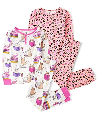 Girls Leopard Cat Snug Fit Cotton Pajamas 2-Pack