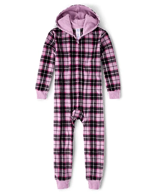 Girls Plaid Microfleece One Piece Pajamas