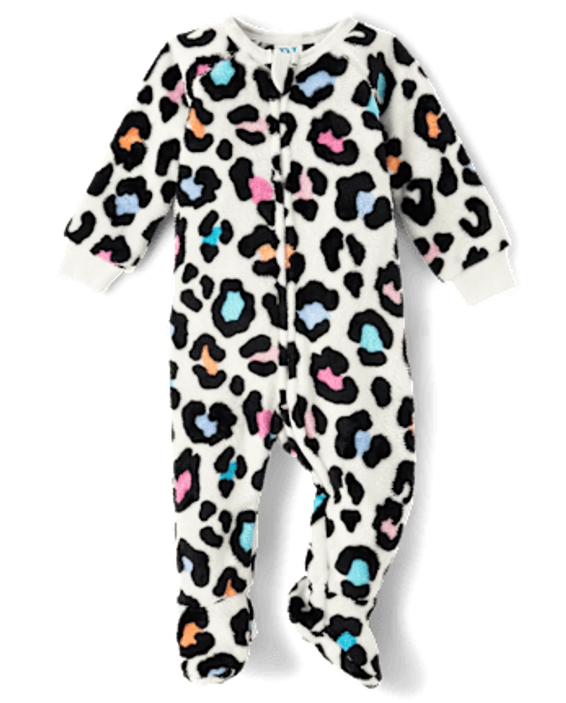 Baby And Toddler Girls Rainbow Leopard Fleece Footed One Piece Pajamas