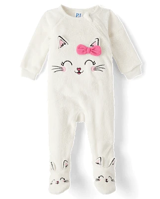 Baby And Toddler Girls Cat Fleece Footed One Piece Pajamas