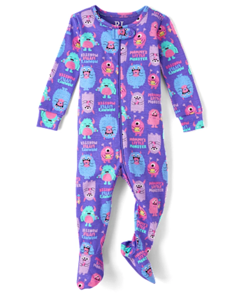 Baby And Toddler Girls Monster Snug Fit Cotton Footed One Piece Pajamas