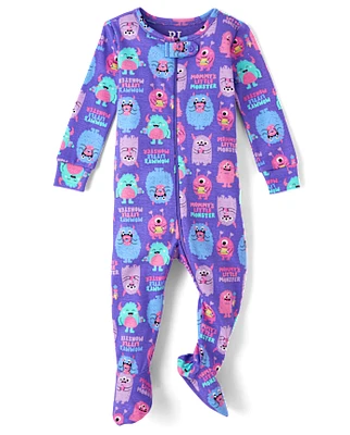 Baby And Toddler Girls Monster Snug Fit Cotton Footed One Piece Pajamas