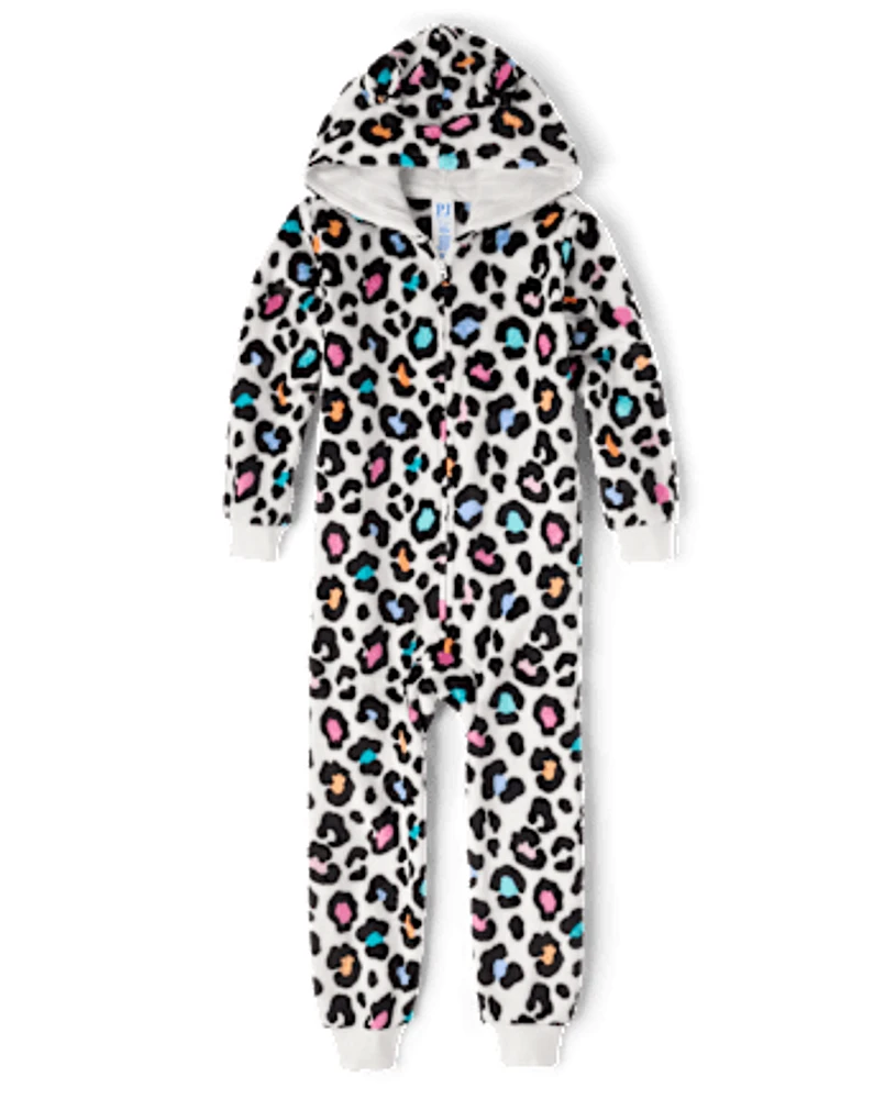 Girls Rainbow Leopard Fleece One Piece Pajamas