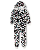 Girls Rainbow Leopard Fleece One Piece Pajamas