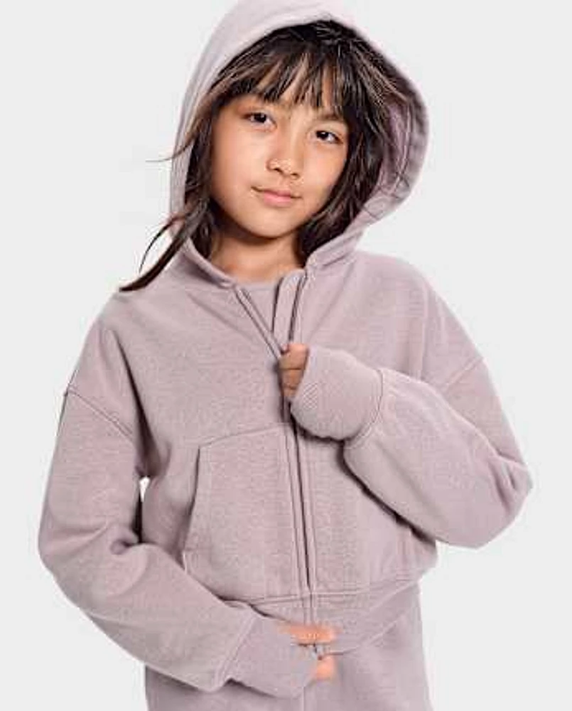 Girls Fleece Cropped Zip Up Hoodie