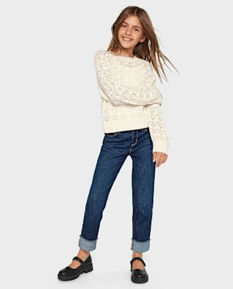 Girls Roll Cuff Straight Jeans