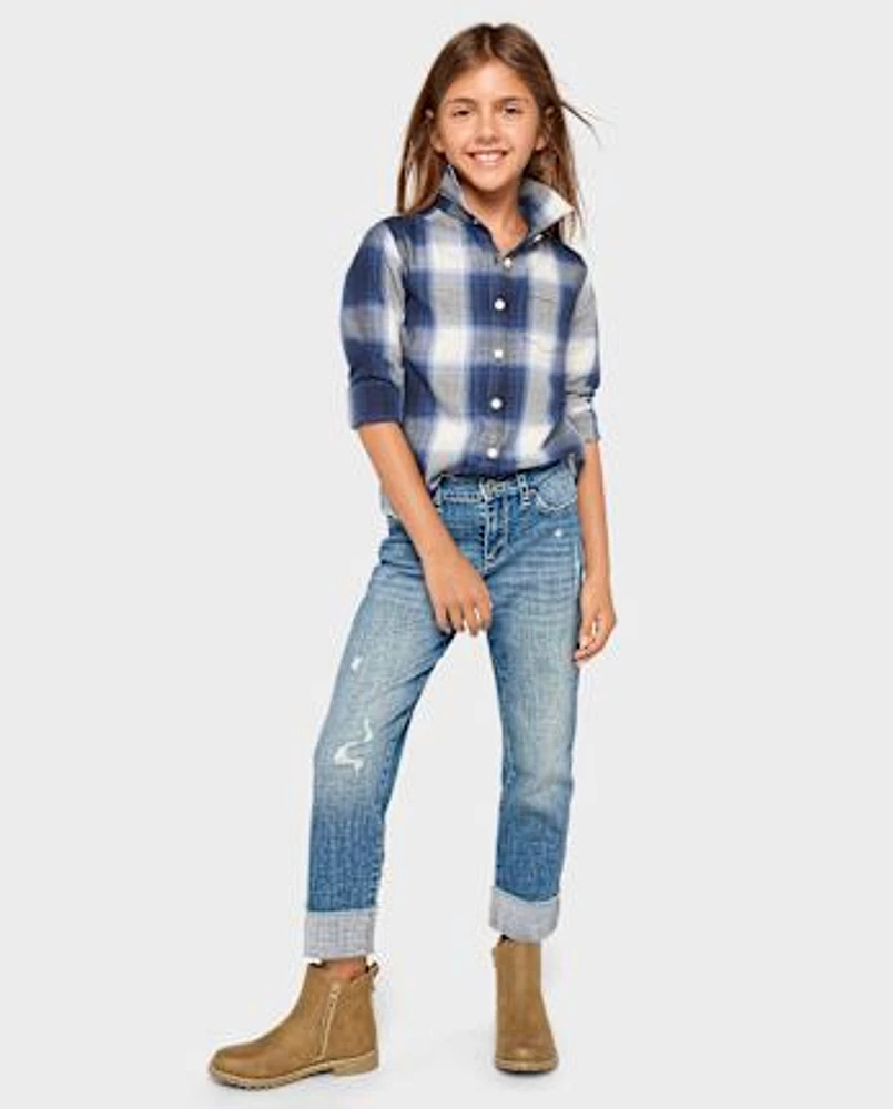 Girls Roll Cuff Straight Jeans