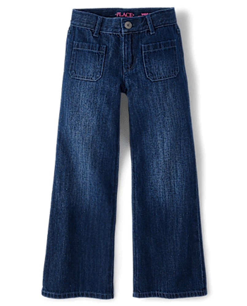 Girls Patch Pocket Wide Leg Jeans