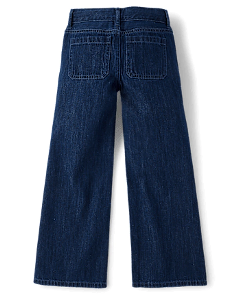 Girls Patch Pocket Wide Leg Jeans