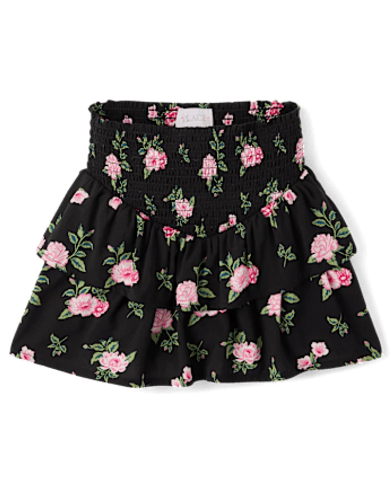 Girls Floral Smocked Tiered Skort