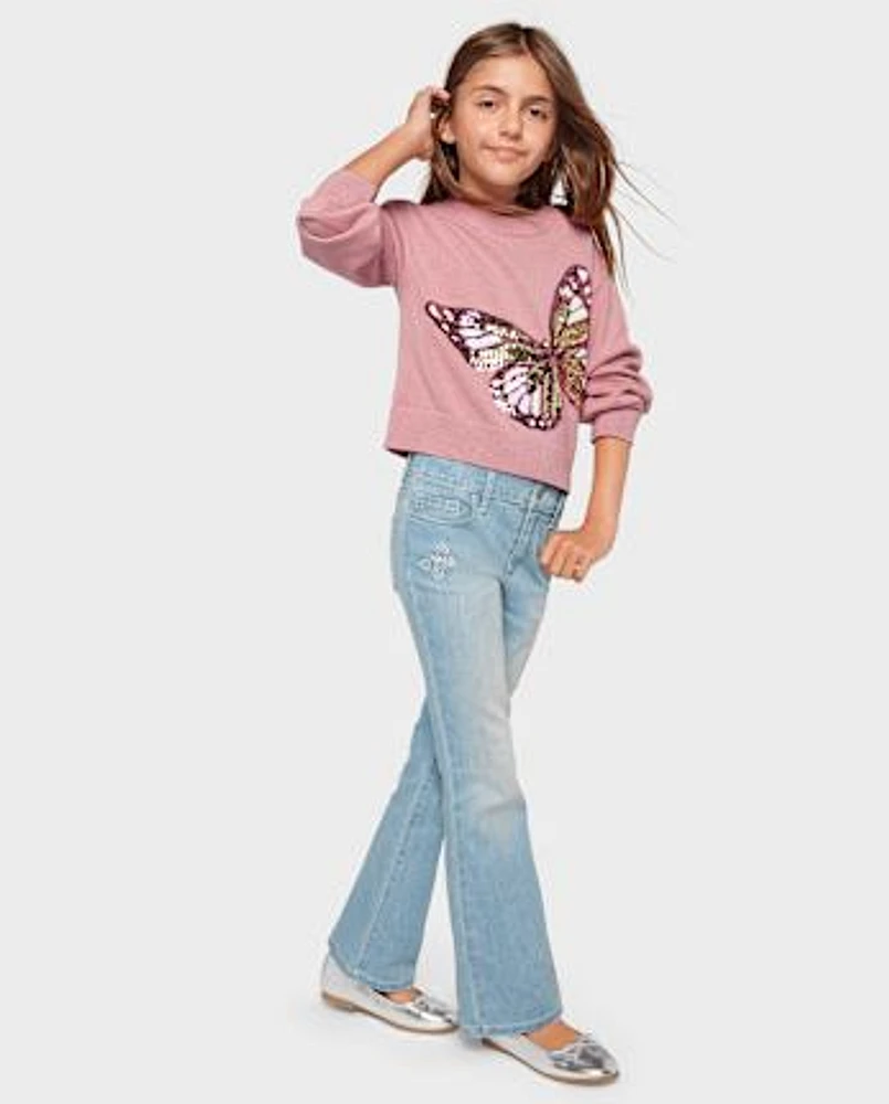 Girls Rhinestone Butterfly Flare Jeans