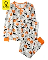 Womens Matching Family Glow Halloween Henley Cotton Pajamas