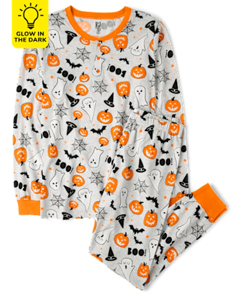 Mens Matching Family Glow Halloween Henley Cotton Pajamas