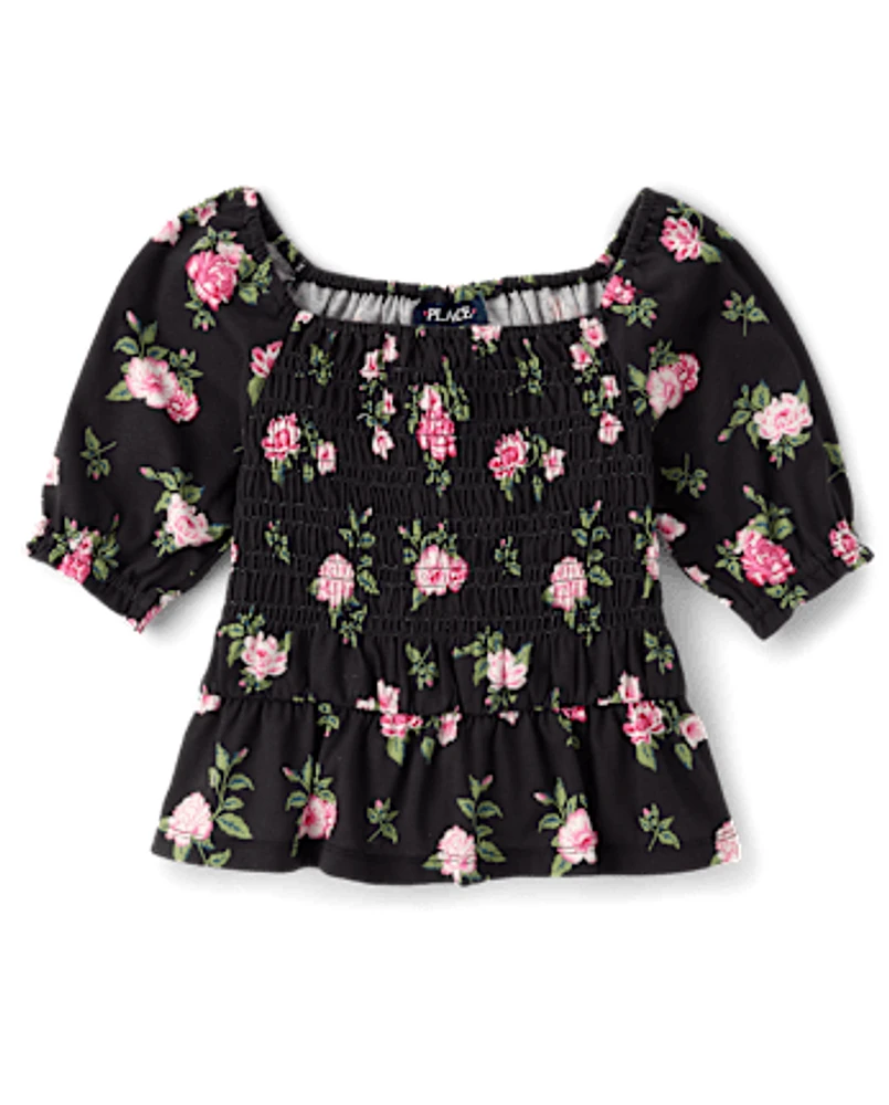 Girls Floral Smocked Top