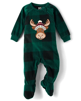 Unisex Baby And Toddler Matching Family Buffalo Plaid Moose Microfleece Footed One Piece Pajamas