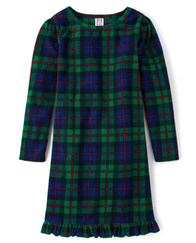 Girls Matching Family Tartan Plaid Microfleece Ruffle Nightgown