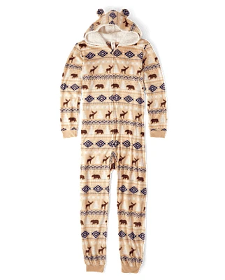 Unisex Adult Matching Family Bear Fairisle Microfleece Hooded One Piece Pajamas