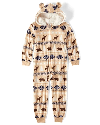 Unisex Kids Matching Family Bear Fairisle Microfleece Hooded One Piece Pajamas