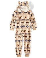 Unisex Kids Matching Family Bear Fairisle Microfleece Hooded One Piece Pajamas