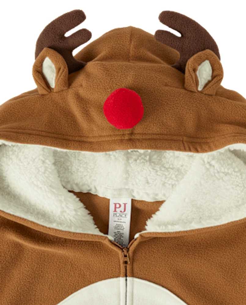 Adult Matching Family Reindeer Microfleece Hooded One Piece Pajamas