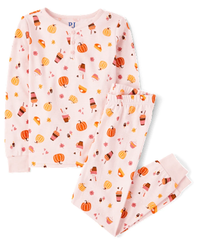 Girls Mommy And Me Pumpkin Spice Snug Fit Cotton Henley Pajamas