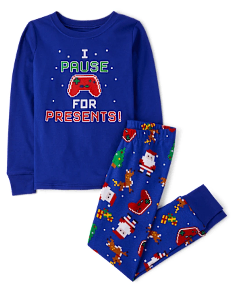 Boys Glow Pause For Presents Snug Fit Cotton Pajamas