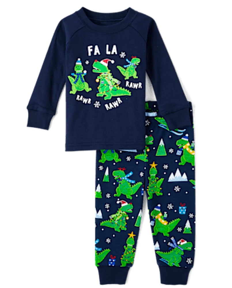 Baby And Toddler Boys Glow Christmas Dino Snug Fit Cotton Pajamas