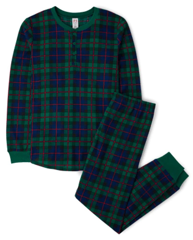 Mens Matching Family Tartan Plaid Thermal Henley Pajamas