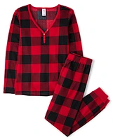 Womens Matching Family Buffalo Plaid Thermal Henley Pajamas