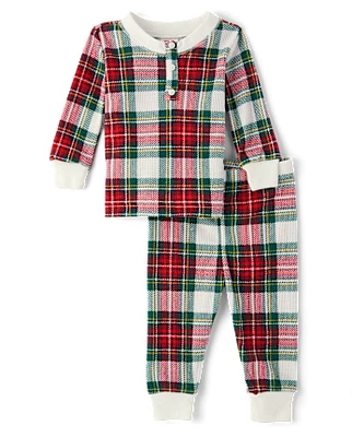 Unisex Baby And Toddler Matching Family Plaid Thermal Henley Pajamas