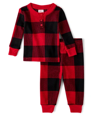 Unisex Baby And Toddler Matching Family Buffalo Plaid Thermal Henley Pajamas