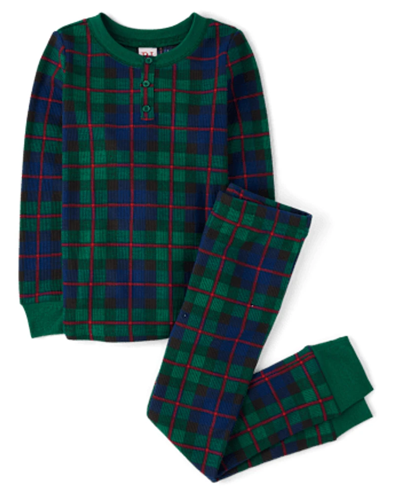 Unisex Kids Matching Family Tartan Plaid Thermal Henley Pajamas