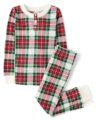 Unisex Kids Matching Family Plaid Thermal Henley Pajamas