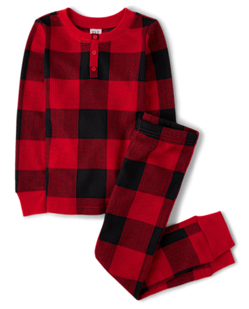 Kids Matching Family Buffalo Plaid Thermal Henley Pajamas