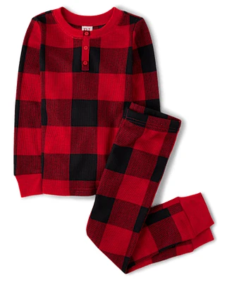 Kids Matching Family Buffalo Plaid Thermal Henley Pajamas