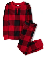 Unisex Kids Matching Family Buffalo Plaid Thermal Henley Pajamas