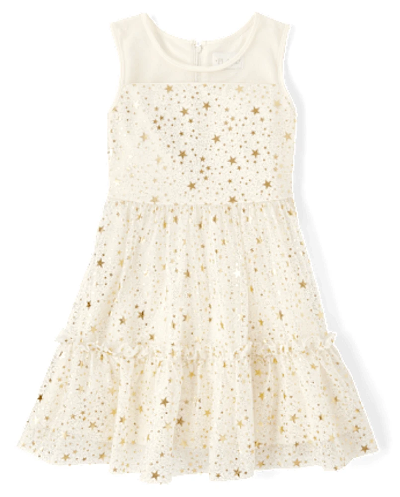 Girls Foil Star Mesh Ruffle Dress