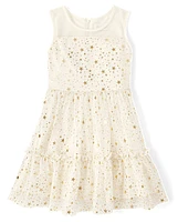 Girls Foil Star Mesh Ruffle Dress