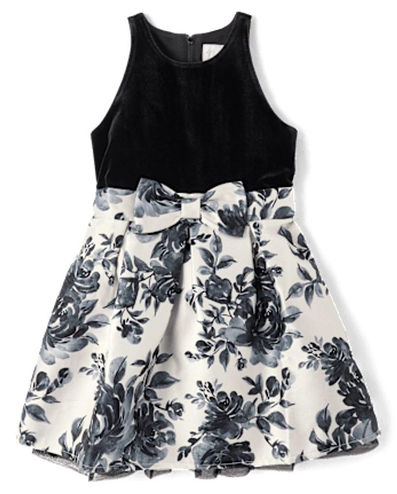 Girls Floral Velour Fit And Flare Dress