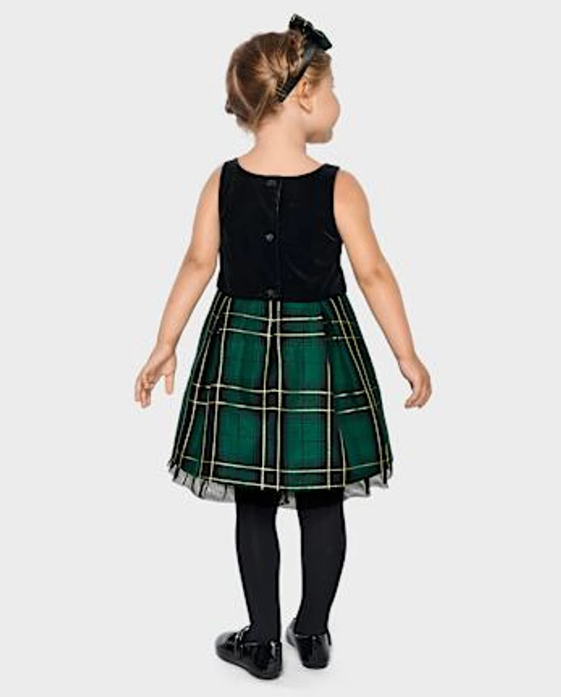 Toddler Girls Matching Family Plaid Velour Fit And Flare Dress