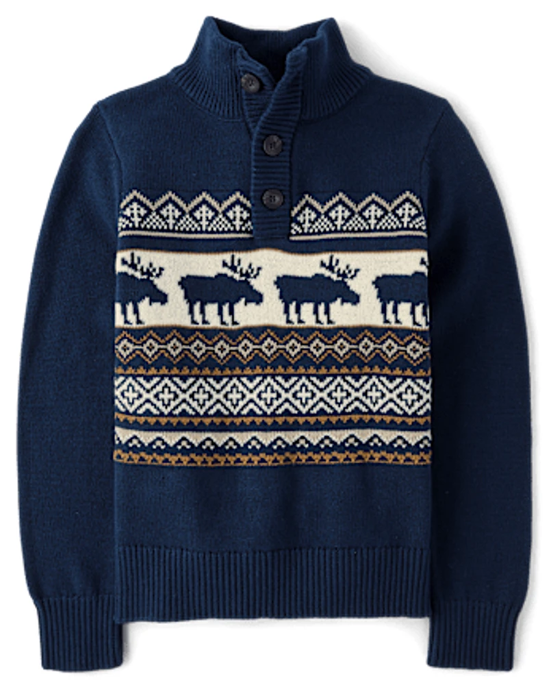 Boys Moose Fairisle Mock Neck Sweater