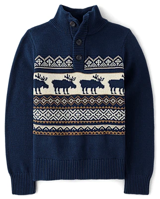 Boys Moose Fairisle Mock Neck Sweater