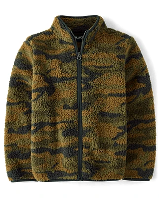 Boys Print Sherpa Zip Up Jacket