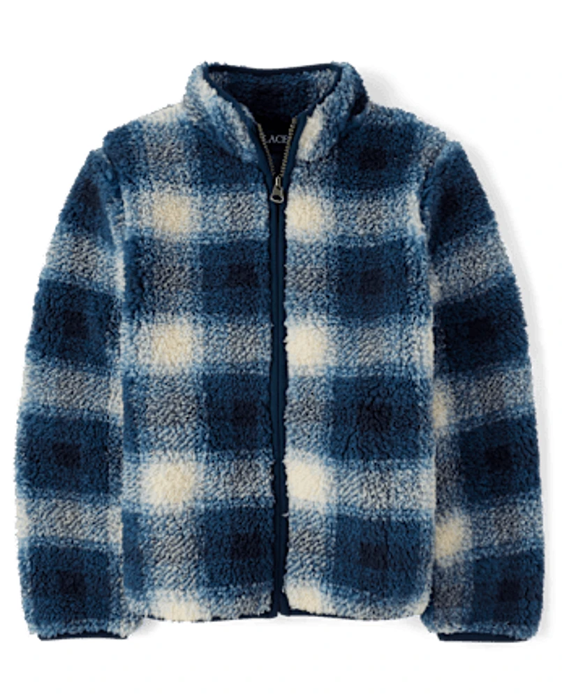 Boys Print Sherpa Zip Up Jacket