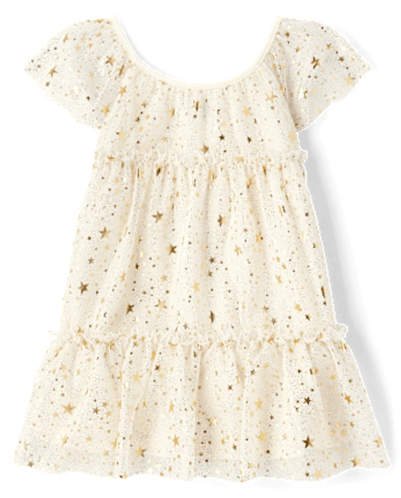 Baby And Toddler Girls Foil Star Mesh Tiered Dress