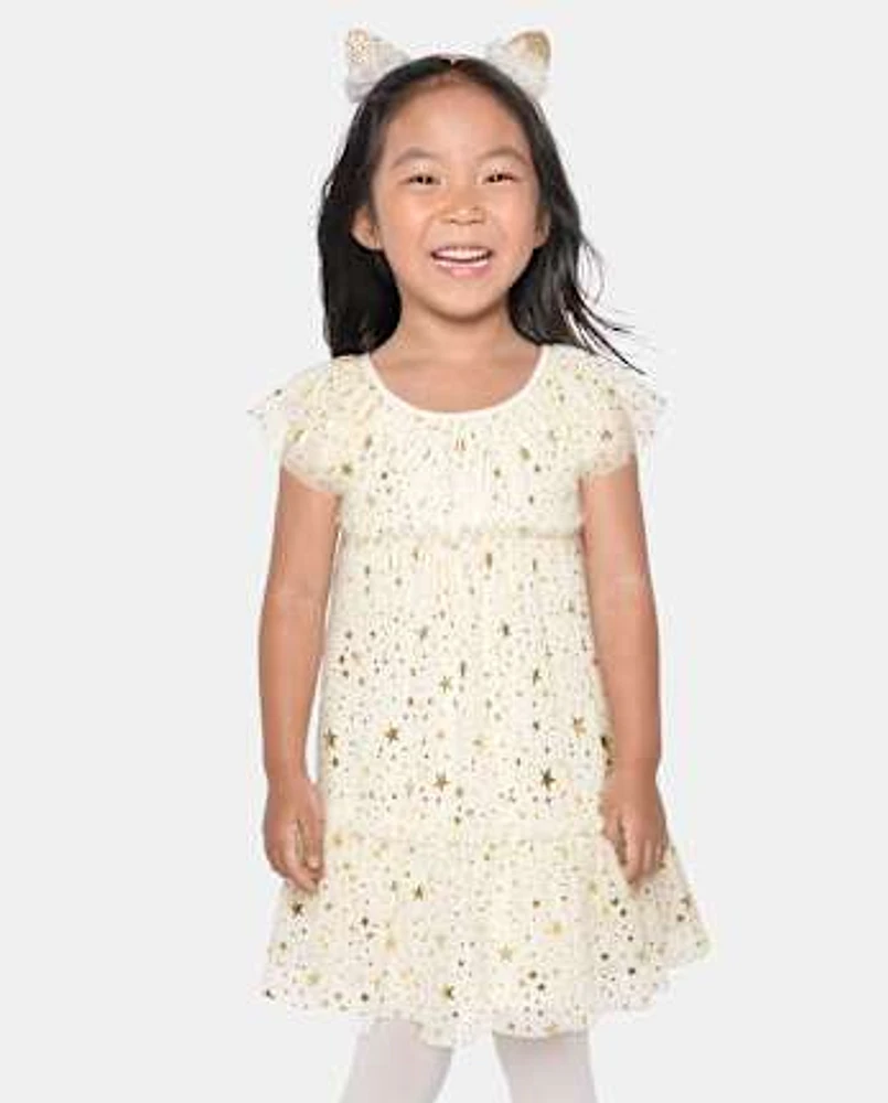 Baby And Toddler Girls Foil Star Mesh Tiered Dress