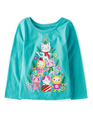 Baby And Toddler Girls Cat Christmas Tree Graphic Tee