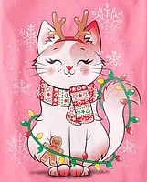 Girls Cat Christmas Lights Graphic Tee